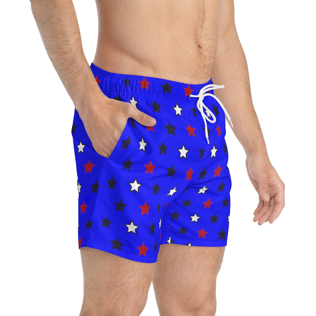 e;ectric blue star print 4th of July men's swimming trunks by labelrara