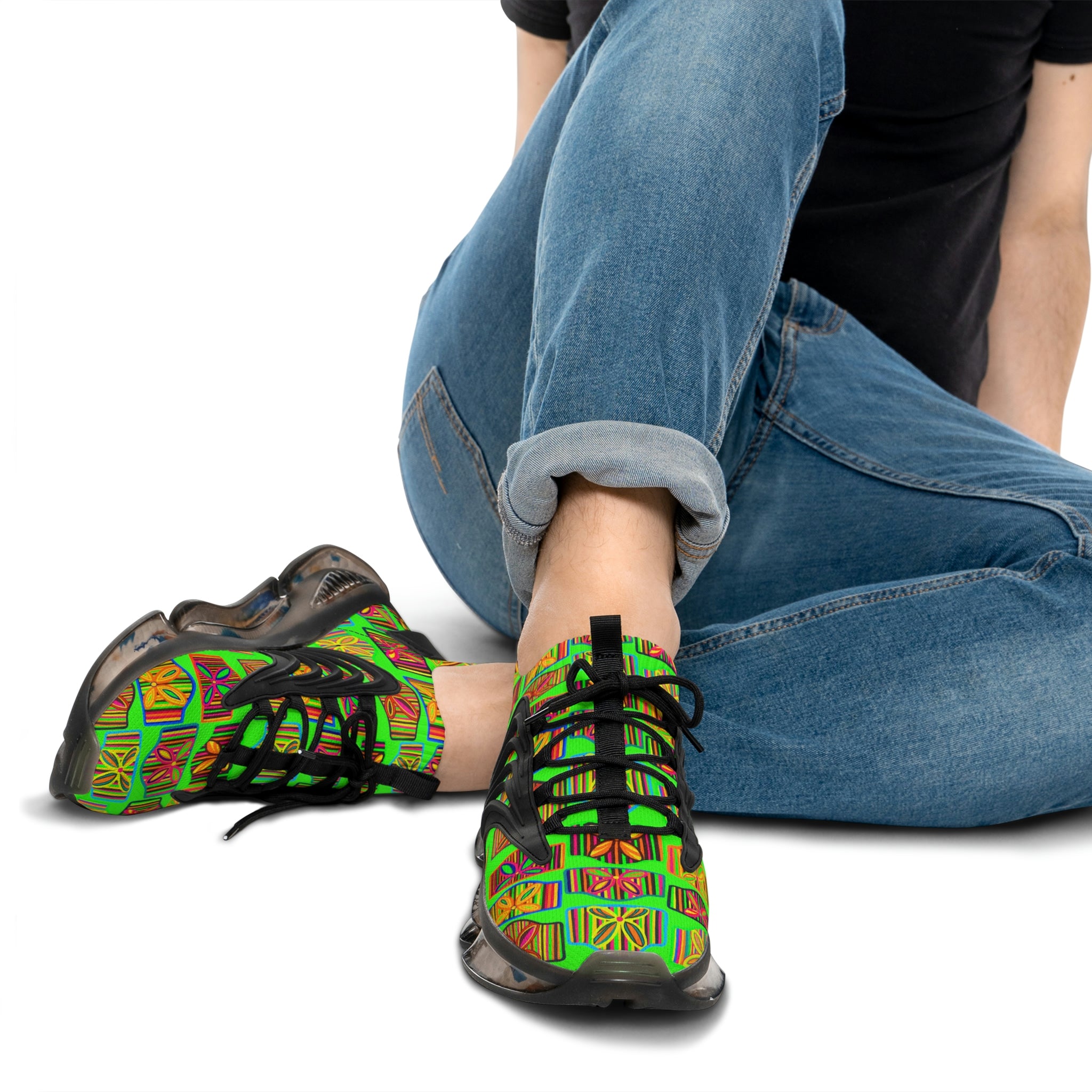 Neon Green Deco Print OTT Men's Mesh Knit Sneakers