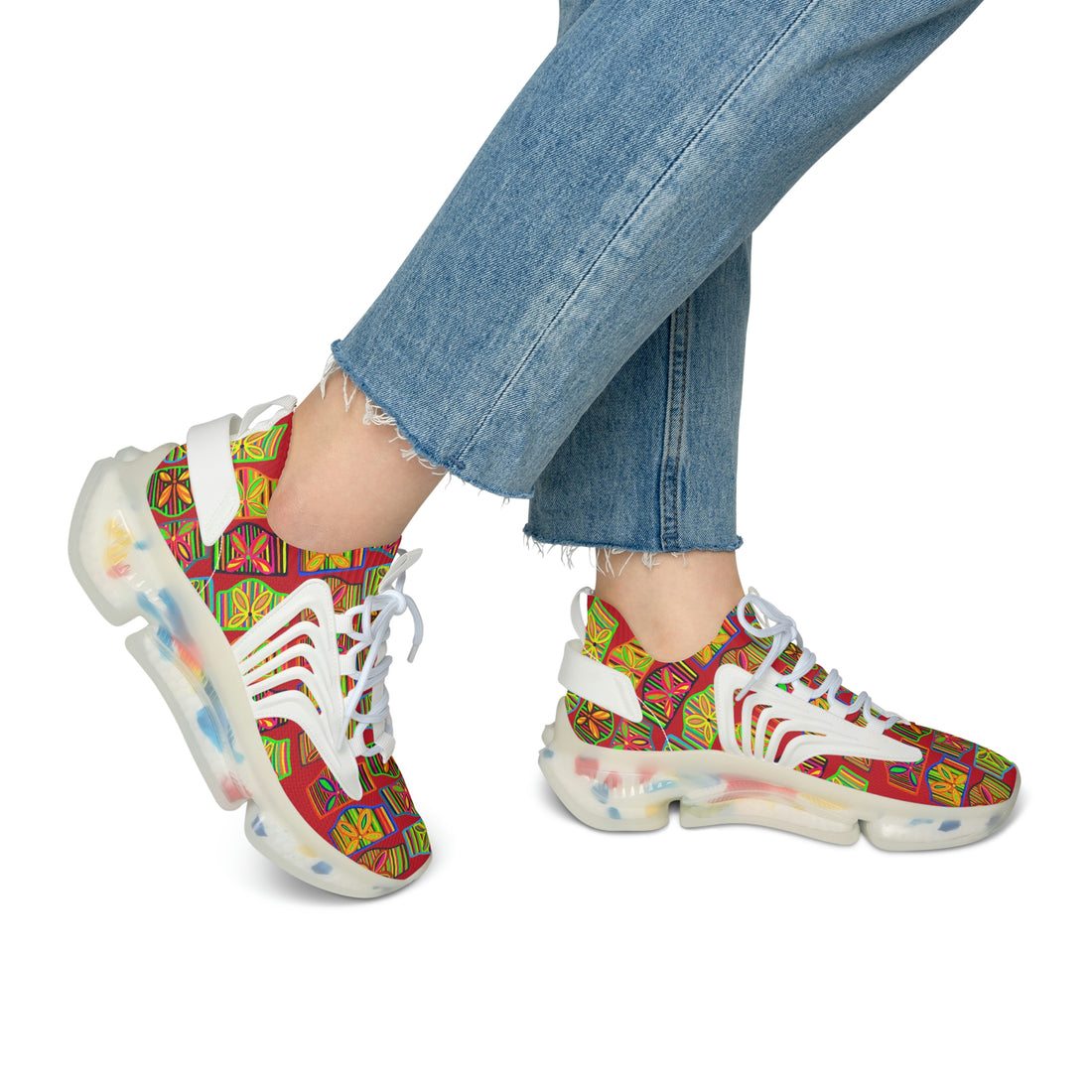 deep red art deco print mesh knit sneakers 