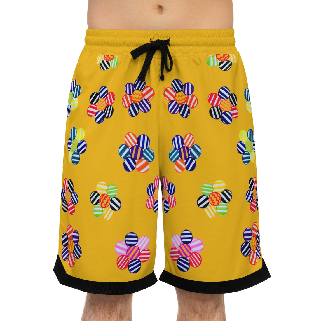 Yellow geometric floral print basketball shorts for men