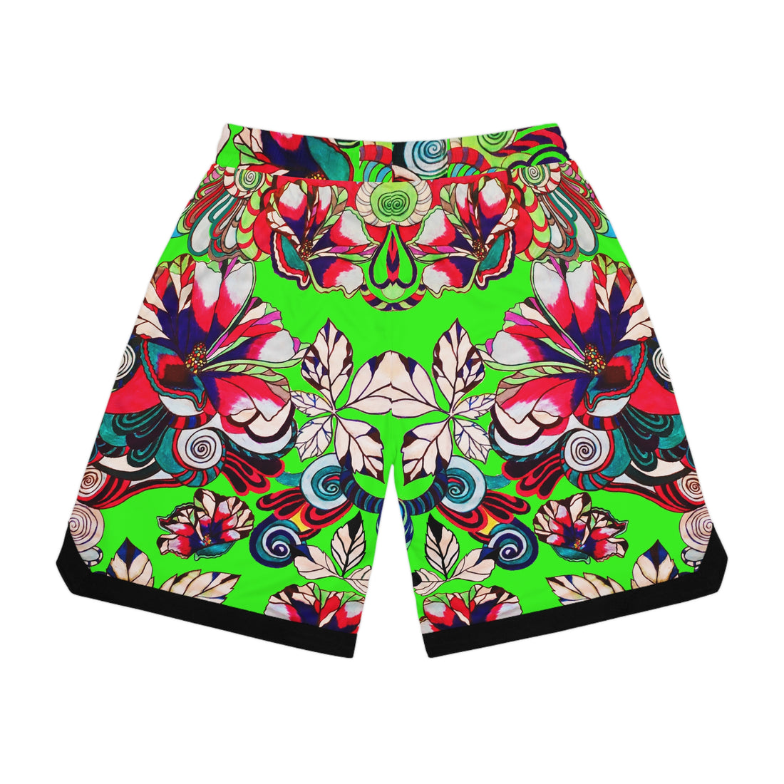 Neon Green Graphic Floral Basketball Rib Shorts (AOP)