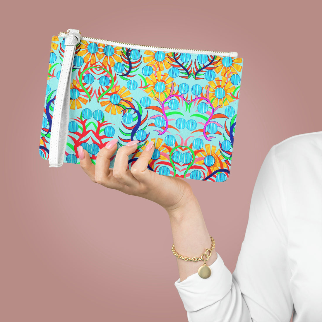 sunflower print icy blue clutch bag