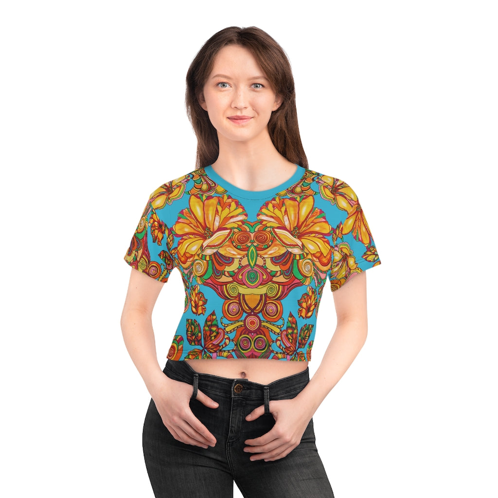 aqua graphic floral print crop t-shirt