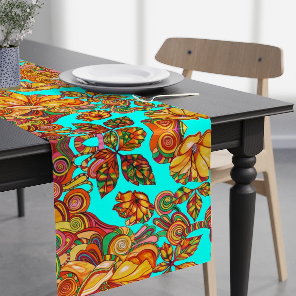 Artsy Floral Cyan Table Runner