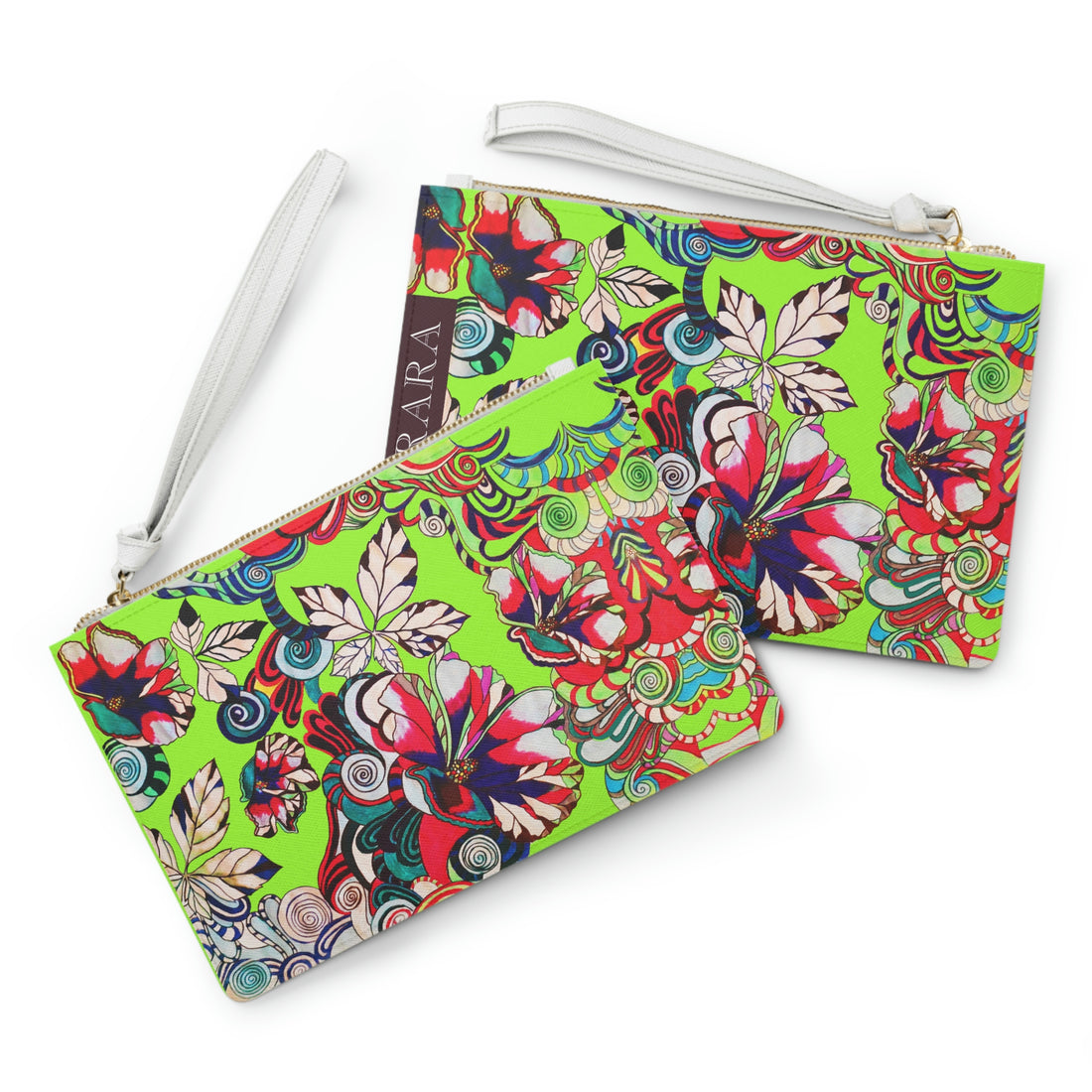 lime green graphic floral print clutch bag