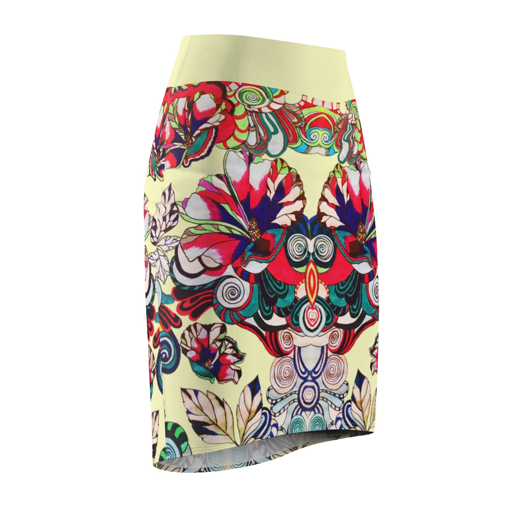 Floral Pop Cream Pencil Skirt