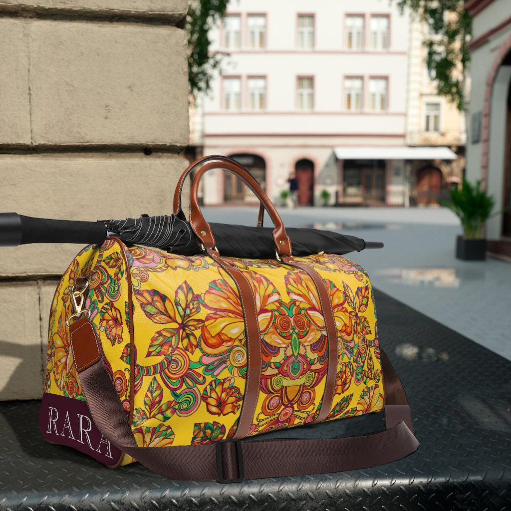 yellow floral print duffel bag