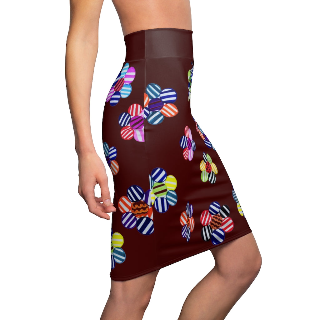 Marsala Candy Florals Print Pencil Skirt