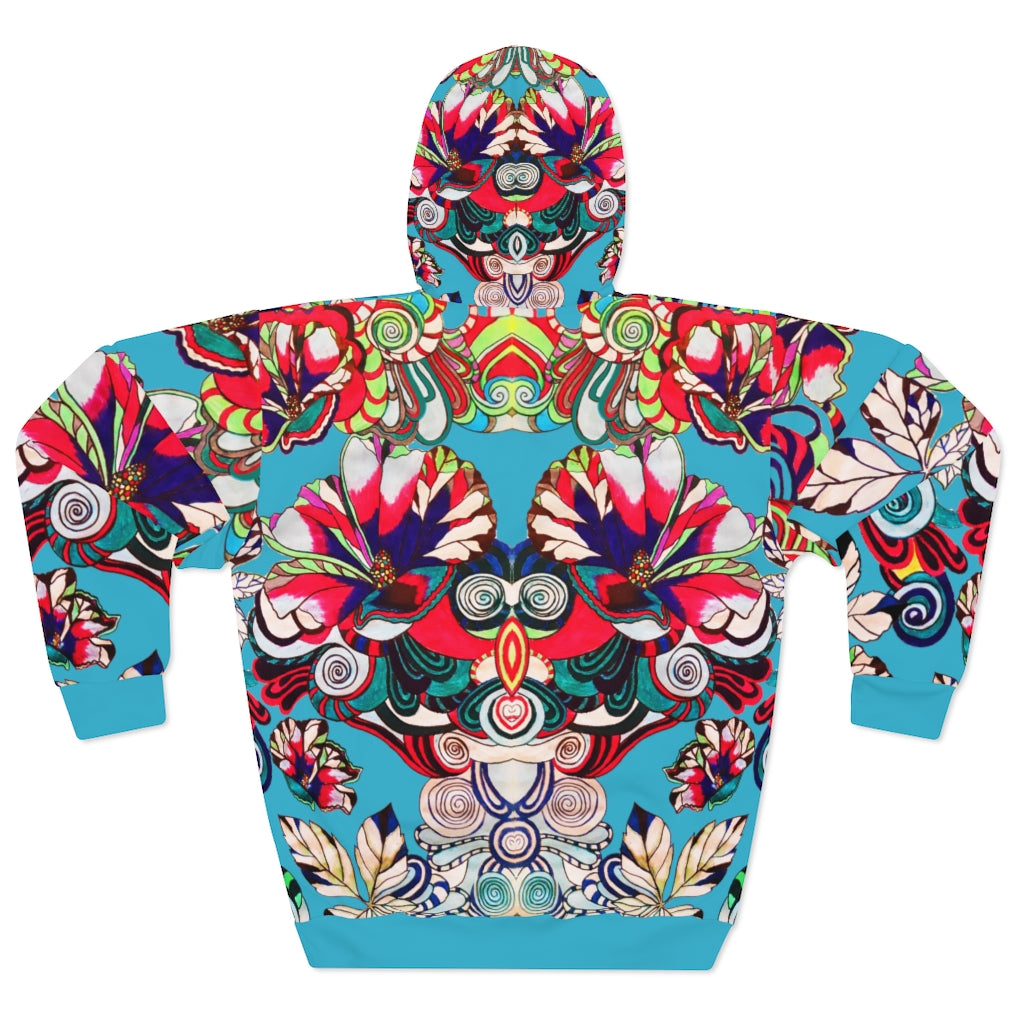 Unisex Artsy Floral Pop Pullover Aqua Hoodie