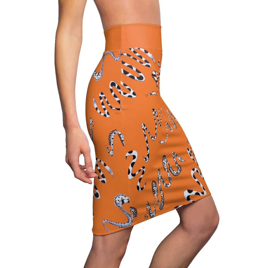 Peach Snake Den Print Pencil Skirt