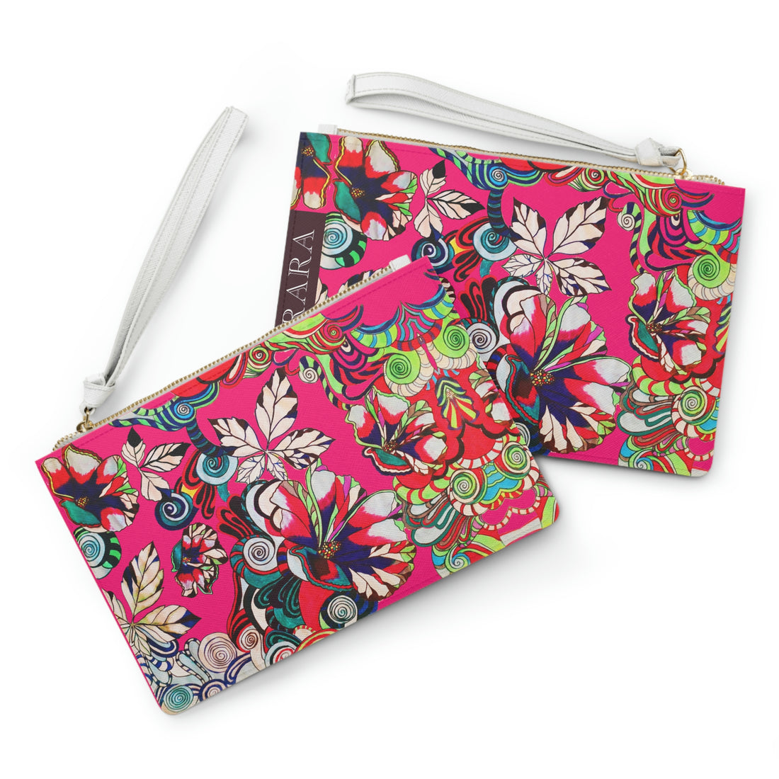 hot pink graphic floral print clutch bag