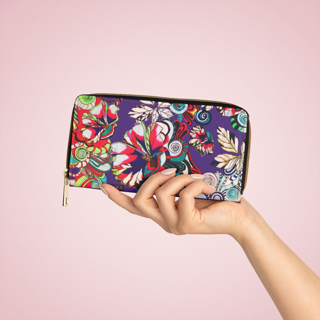 purple graphic floral pop wallet