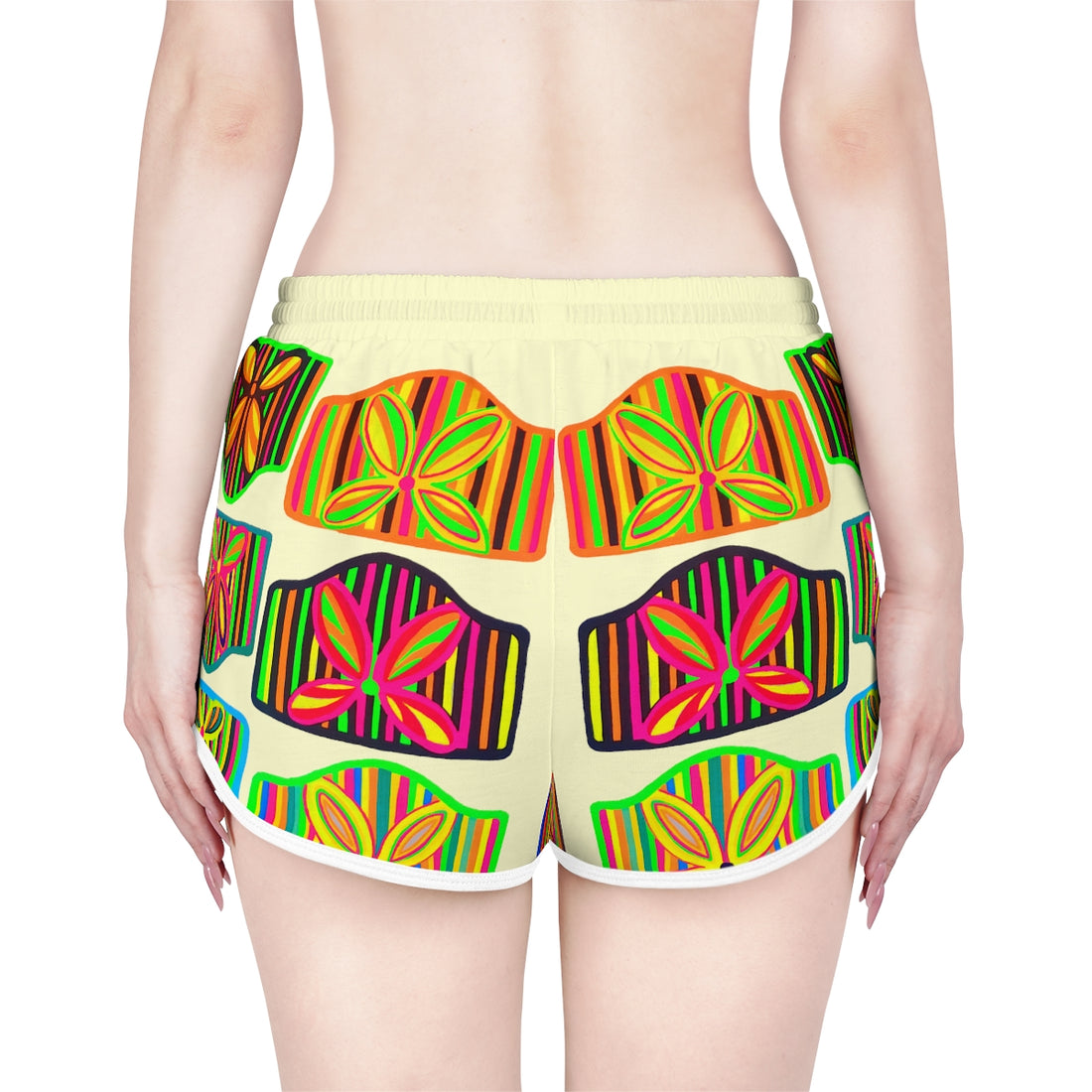 cream art deco print relaxed gym shorts for women