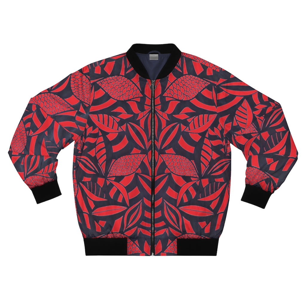 red tropical leaves print men's bomber jacket