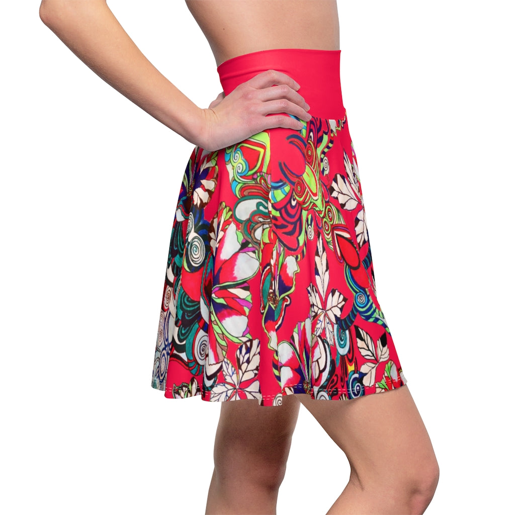 Graphic Floral Red Skater Skirt
