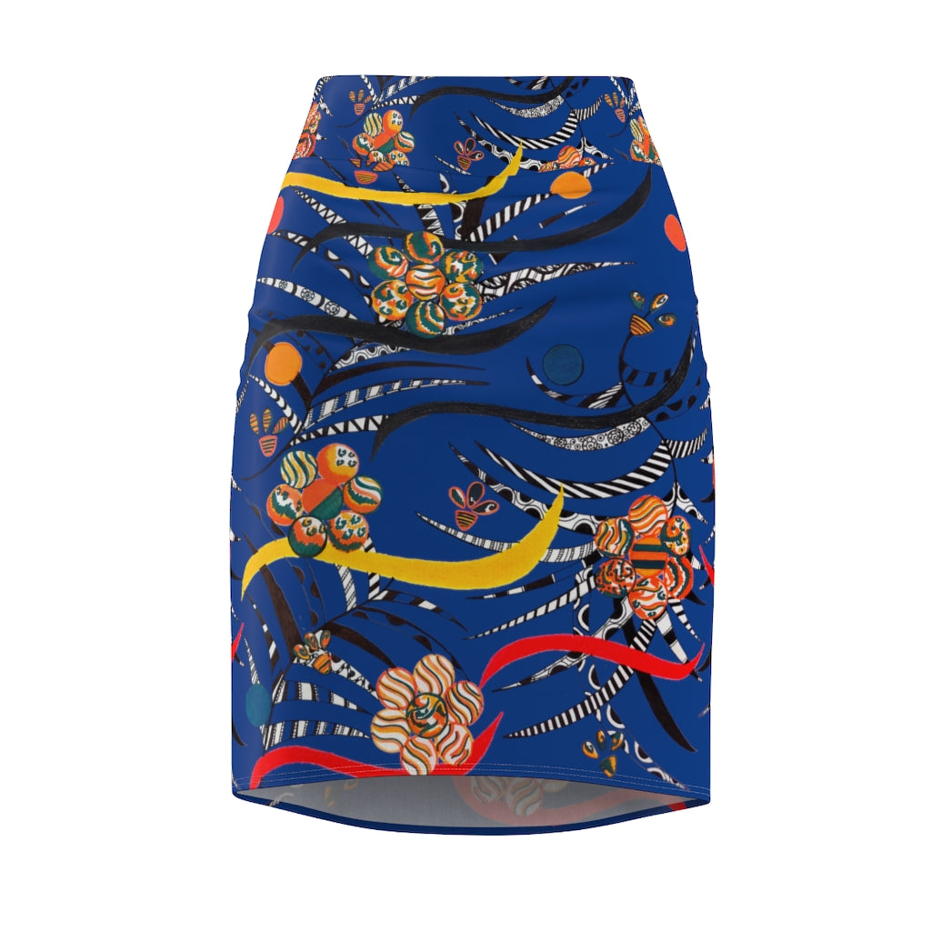 blue floral & animal print pencil skirt