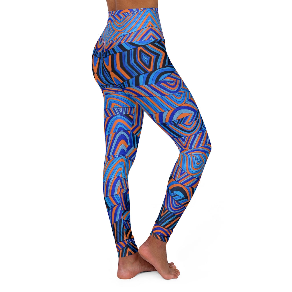 orange & blue psychedelic print yoga athleisure leggings for women