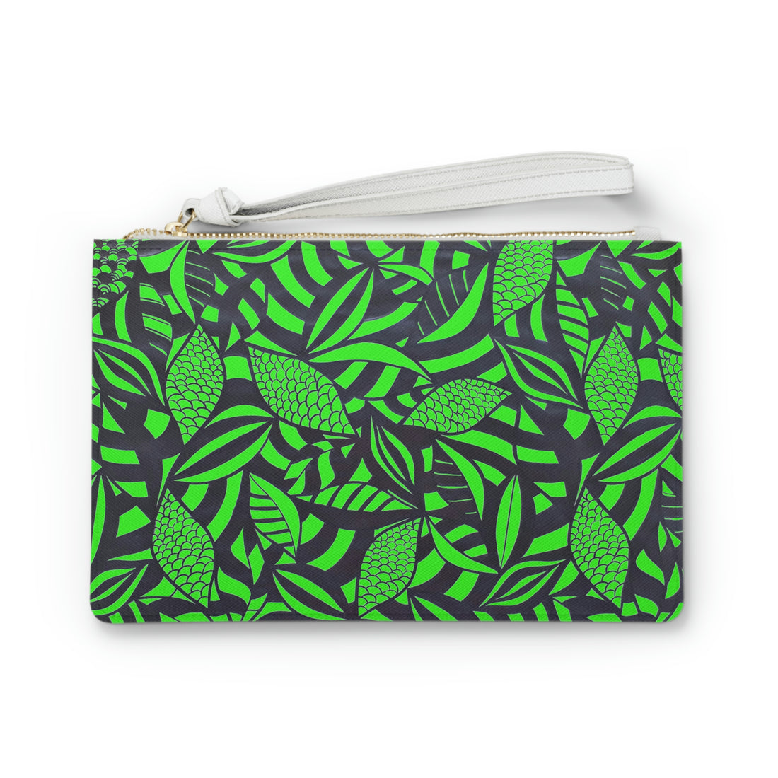 neon green monochrome tropical leaves print clutch bag