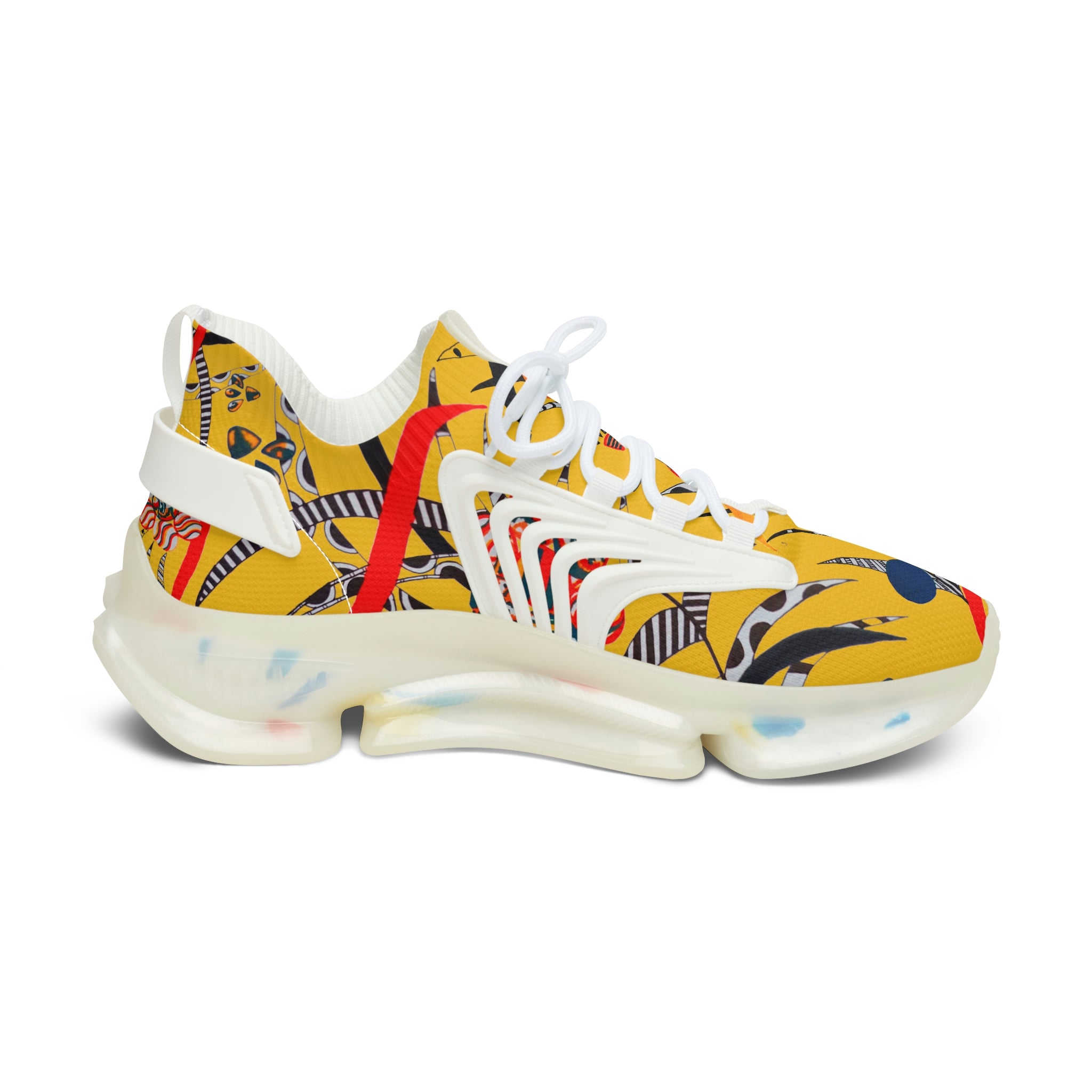 yellow women's floral and animal print mesh knit sneakers