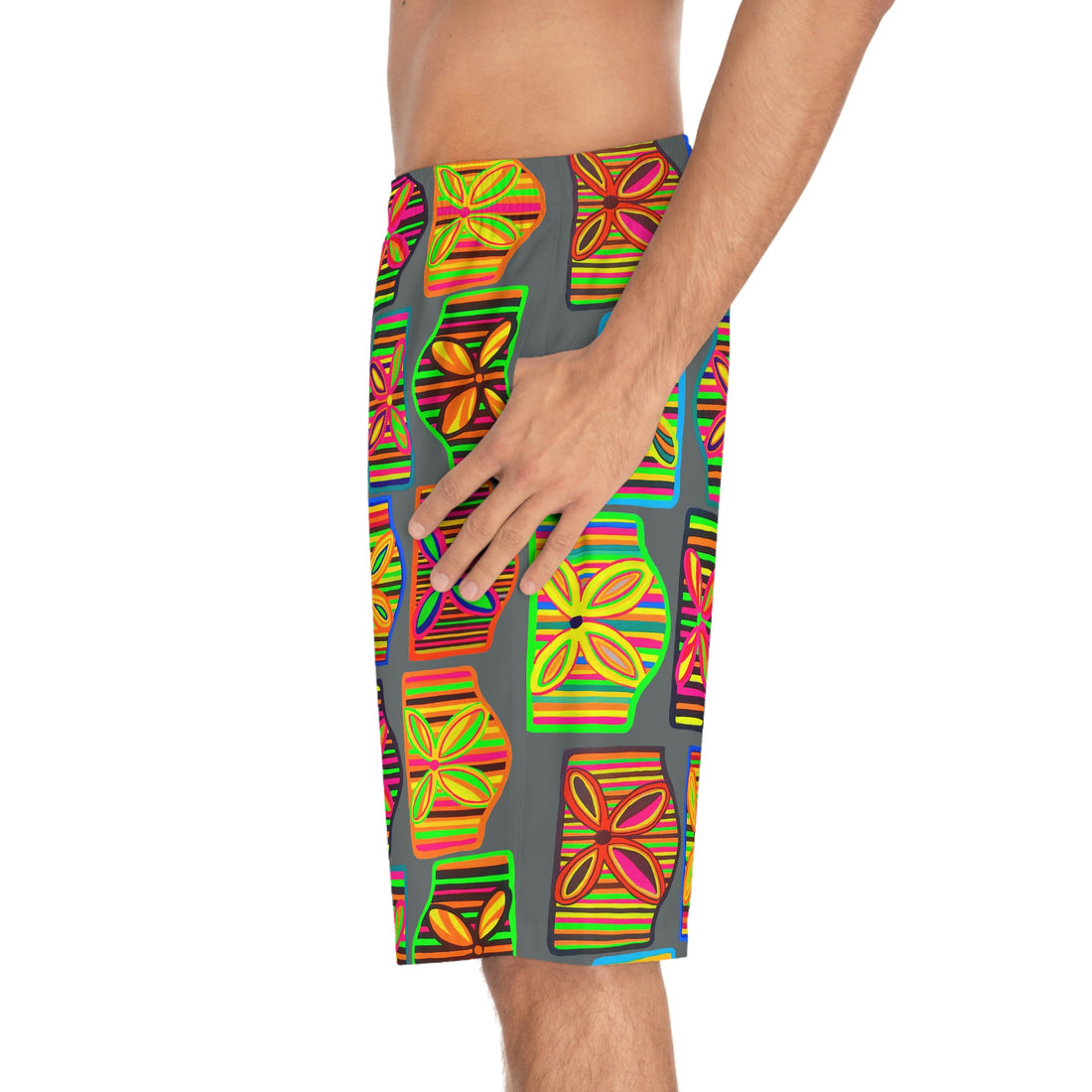 ash grey art deco print board shorts for men