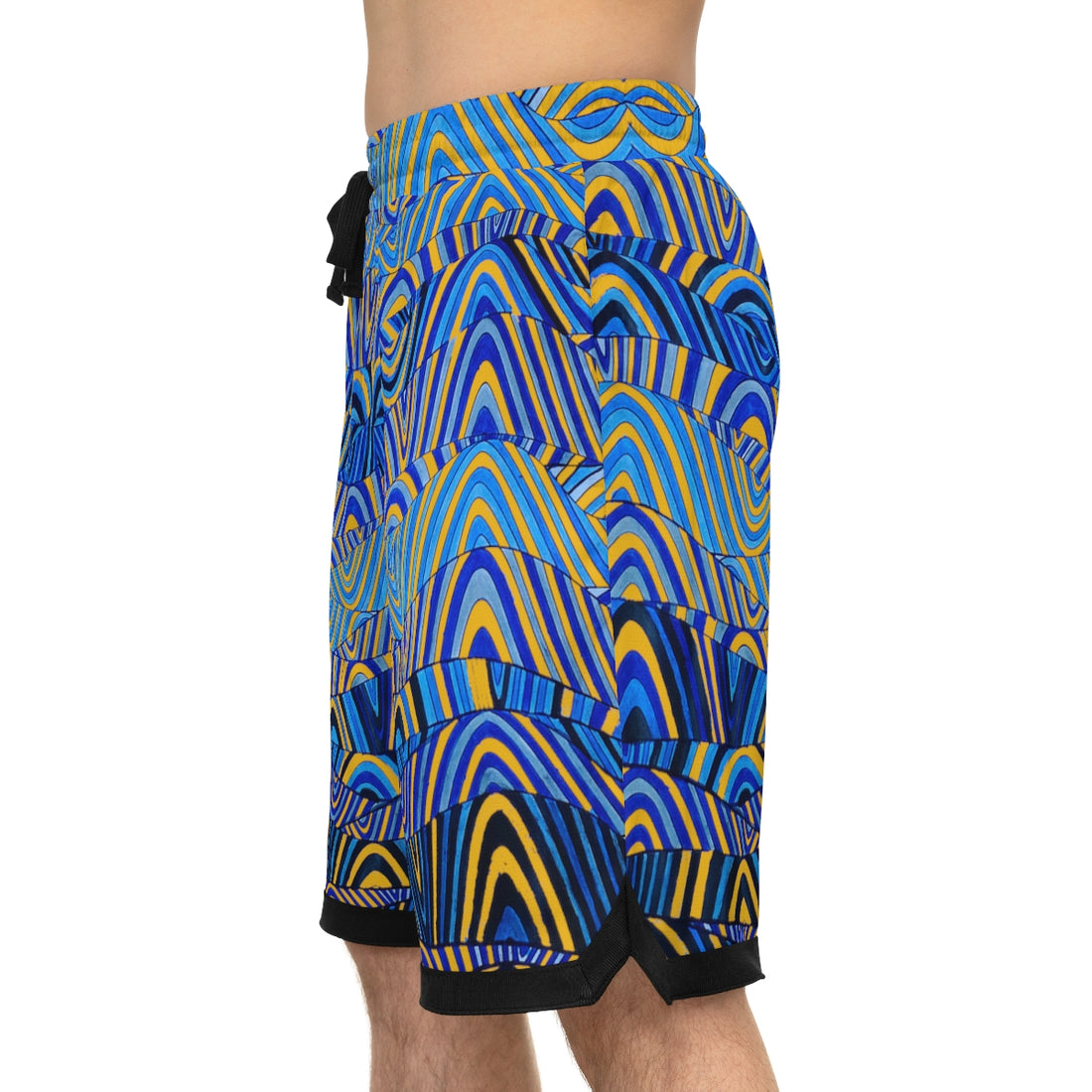 yellow sonic waves print basketball shorts for men