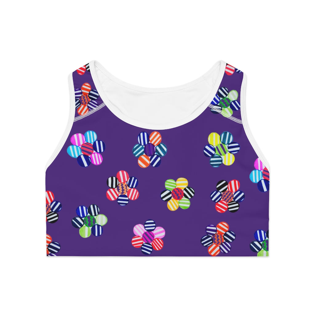 purple geometric flowers sports bra 