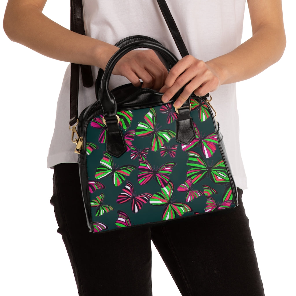 bottle green butterfly print handbag