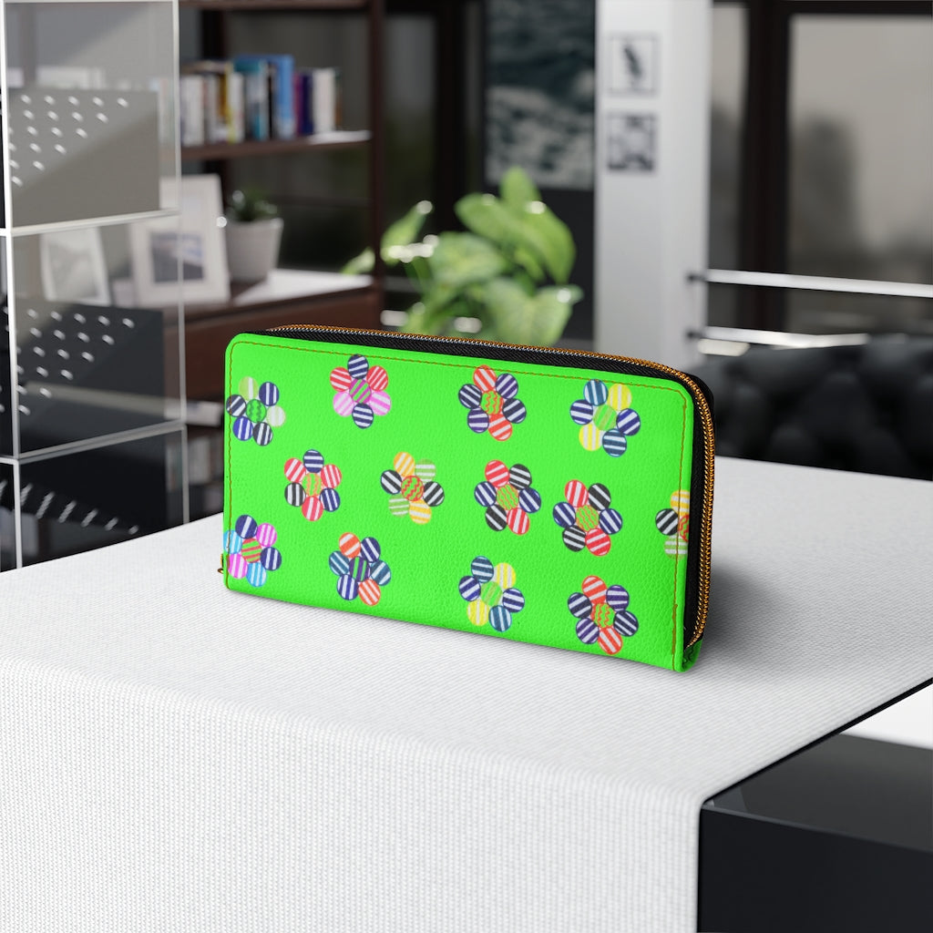neon green floral print clutch wallet