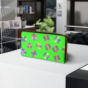neon green floral print clutch wallet