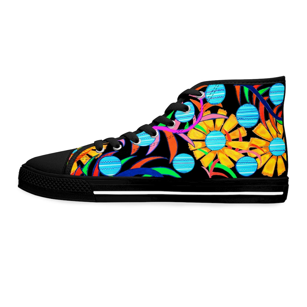 black sunflower print women's hightop canvas sneakers 