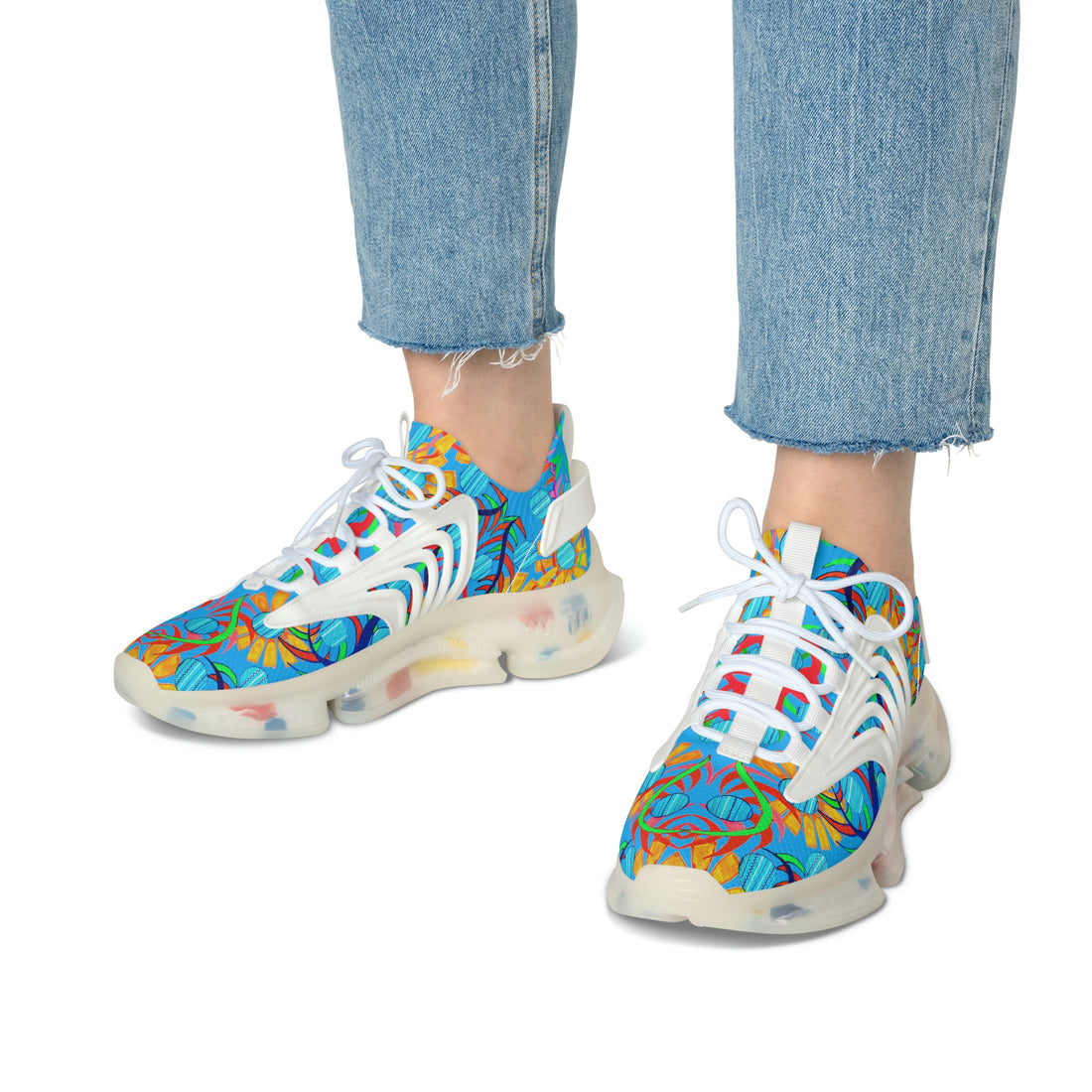 Aqua Sunflower Printed OTT Women's Mesh Knit Sneakers