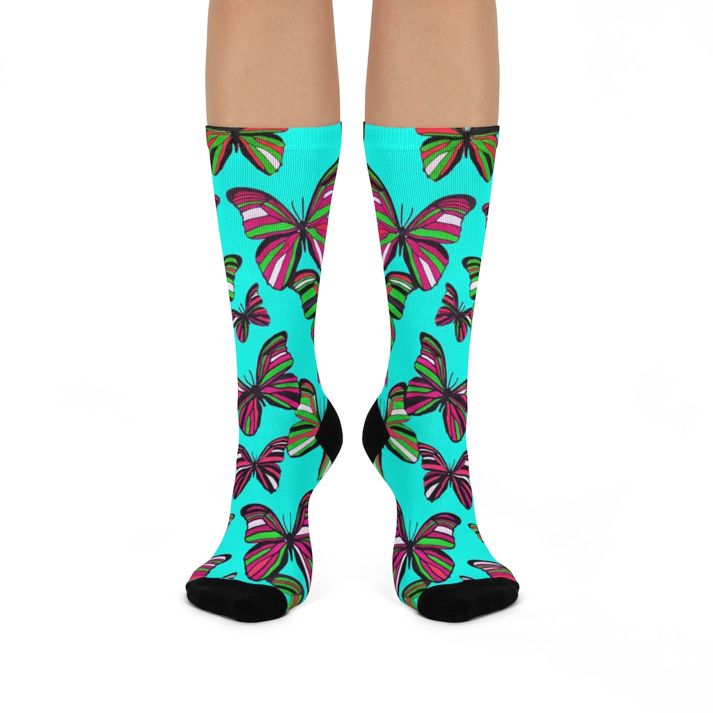 Grunge Butterflies Cyan Crew Socks