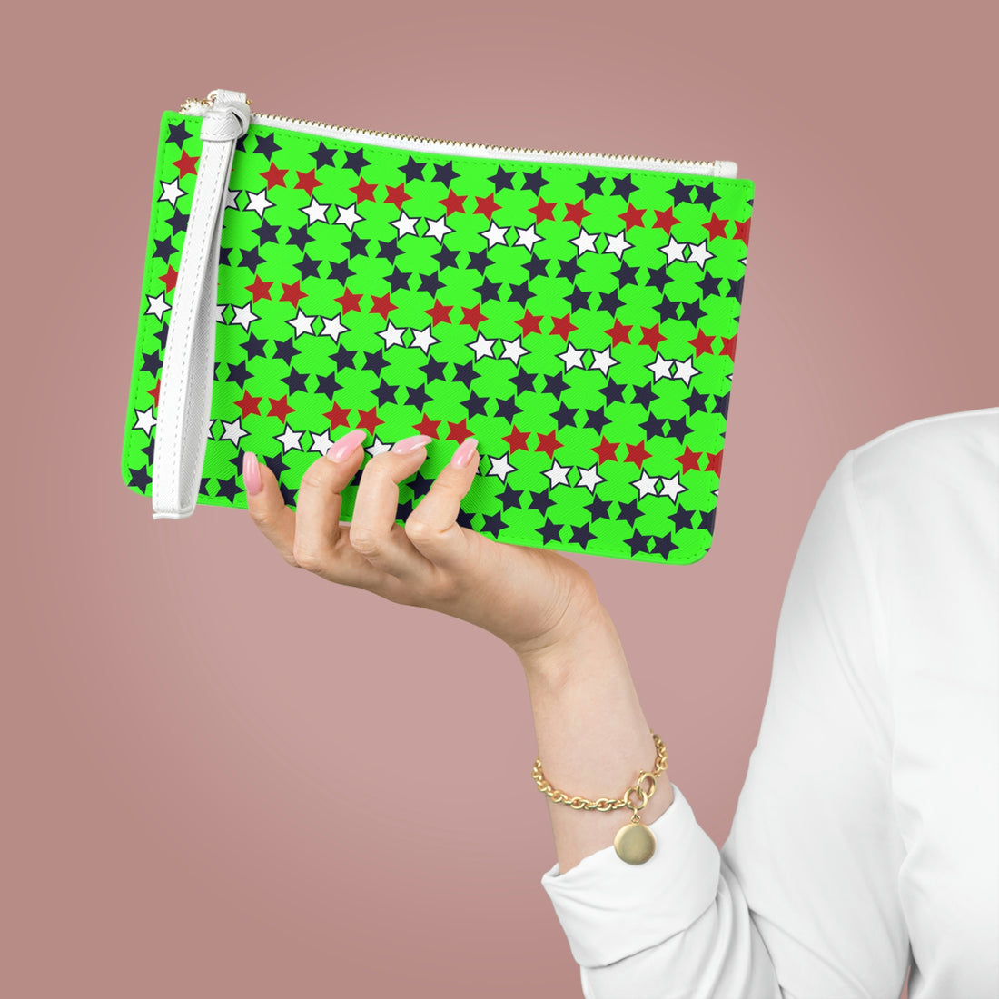 Neon Green Star Print Clutch Bag