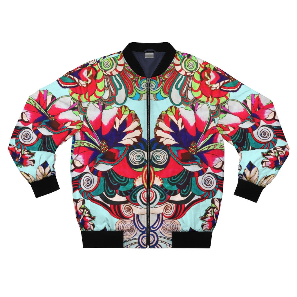 icy blue graphic floral men's bomber jacket