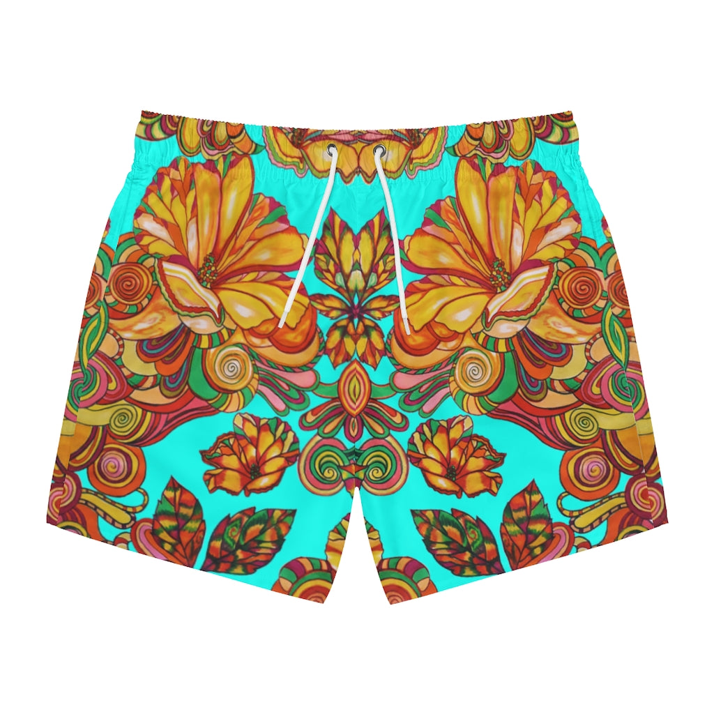 Artsy Floral Men's Cyan Swimming Trunks