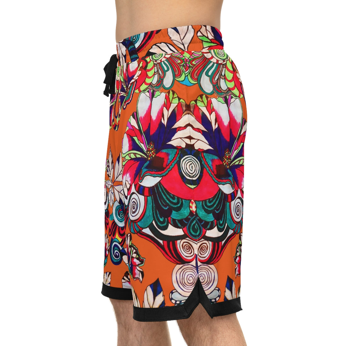 orange floral print basketball shorts for men