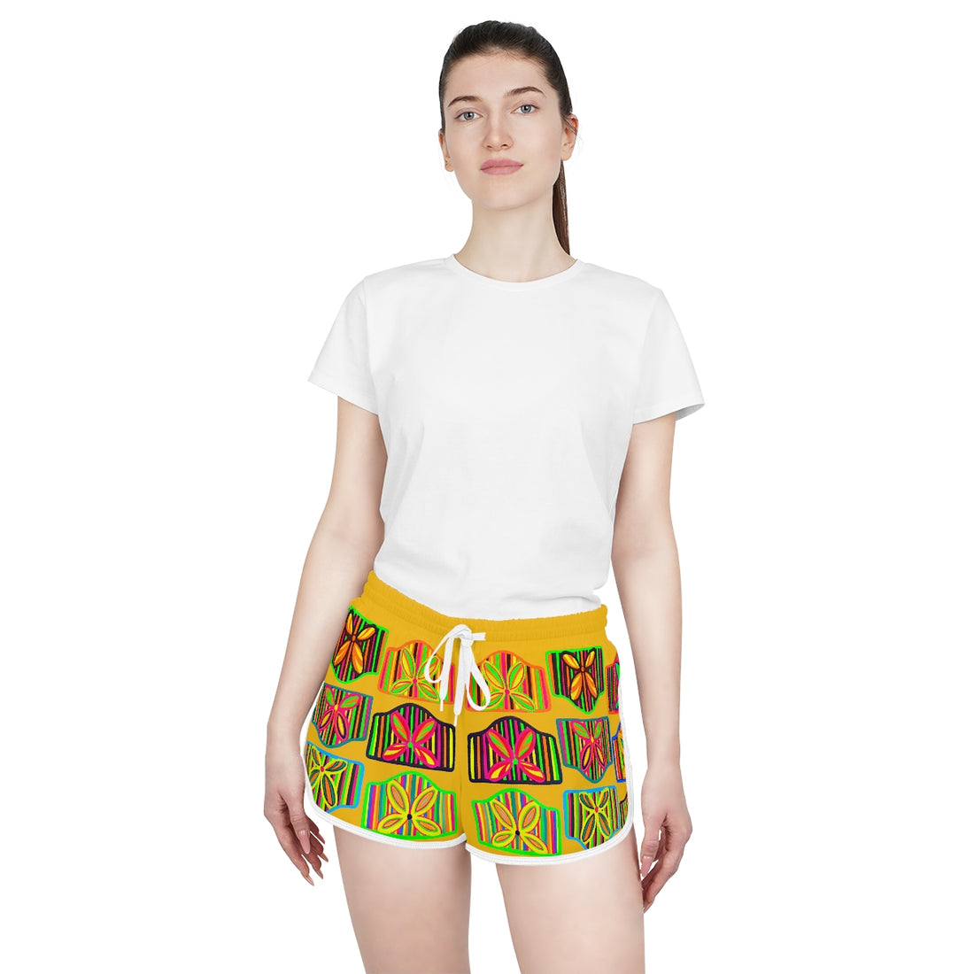 yellow art deco print relaxed gym shorts for women