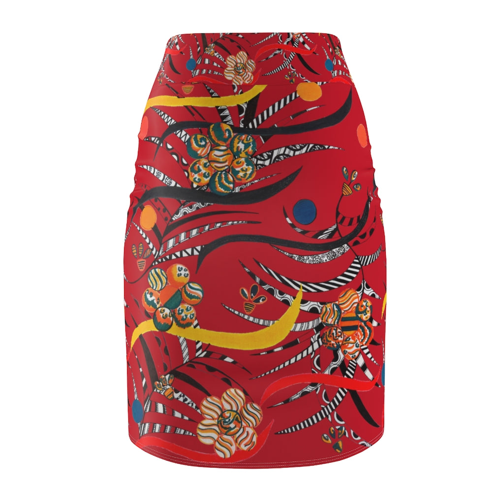 deep red floral & animal print pencil skirt