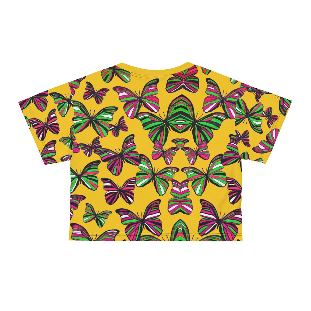 yellow butterfly print crop t-shirt