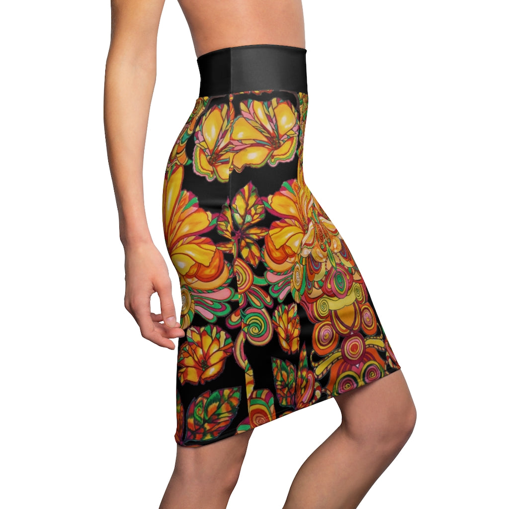 Artsy Floral Black Pencil Skirt