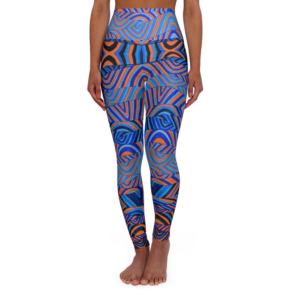 orange & blue psychedelic print yoga athleisure leggings for women