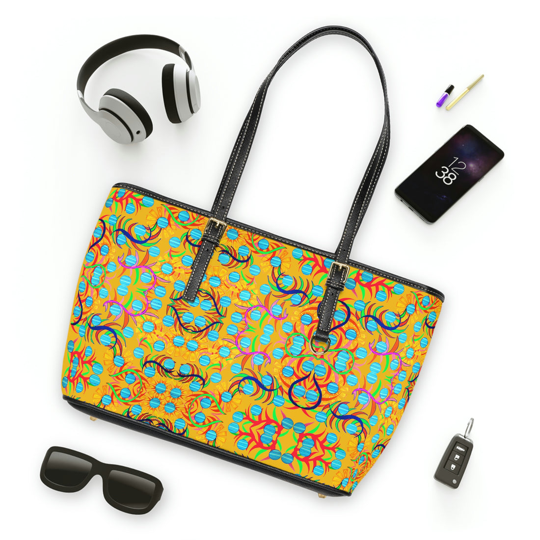 yellow sunflower print pu leather zipper tote bag