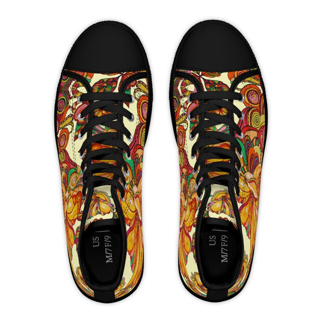 cream floral canvas high top sneakers for women