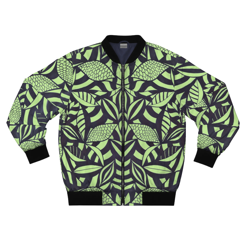 lime green tropical leaves print men's bomber jacket