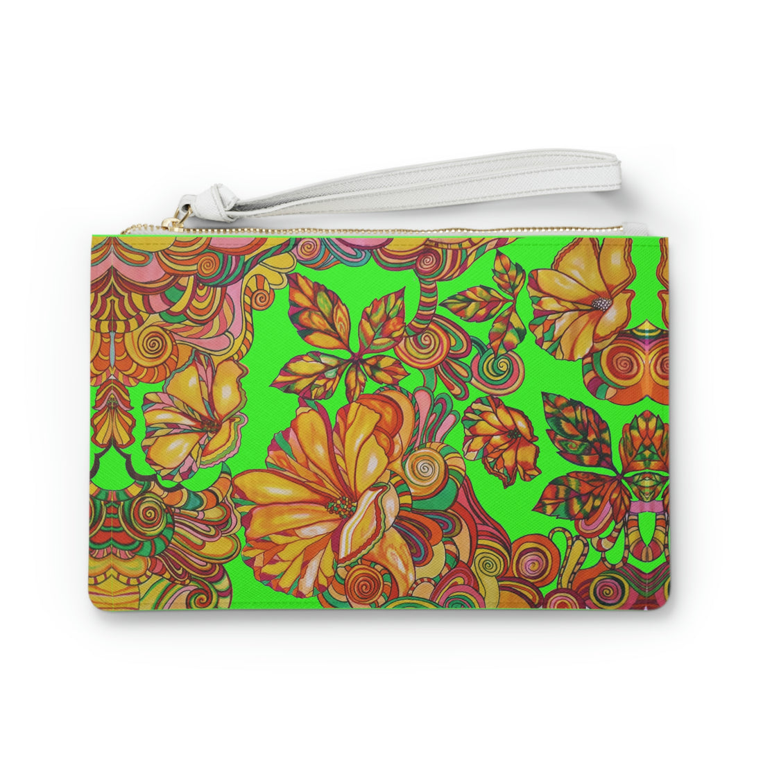 neon green floral print clutch bag