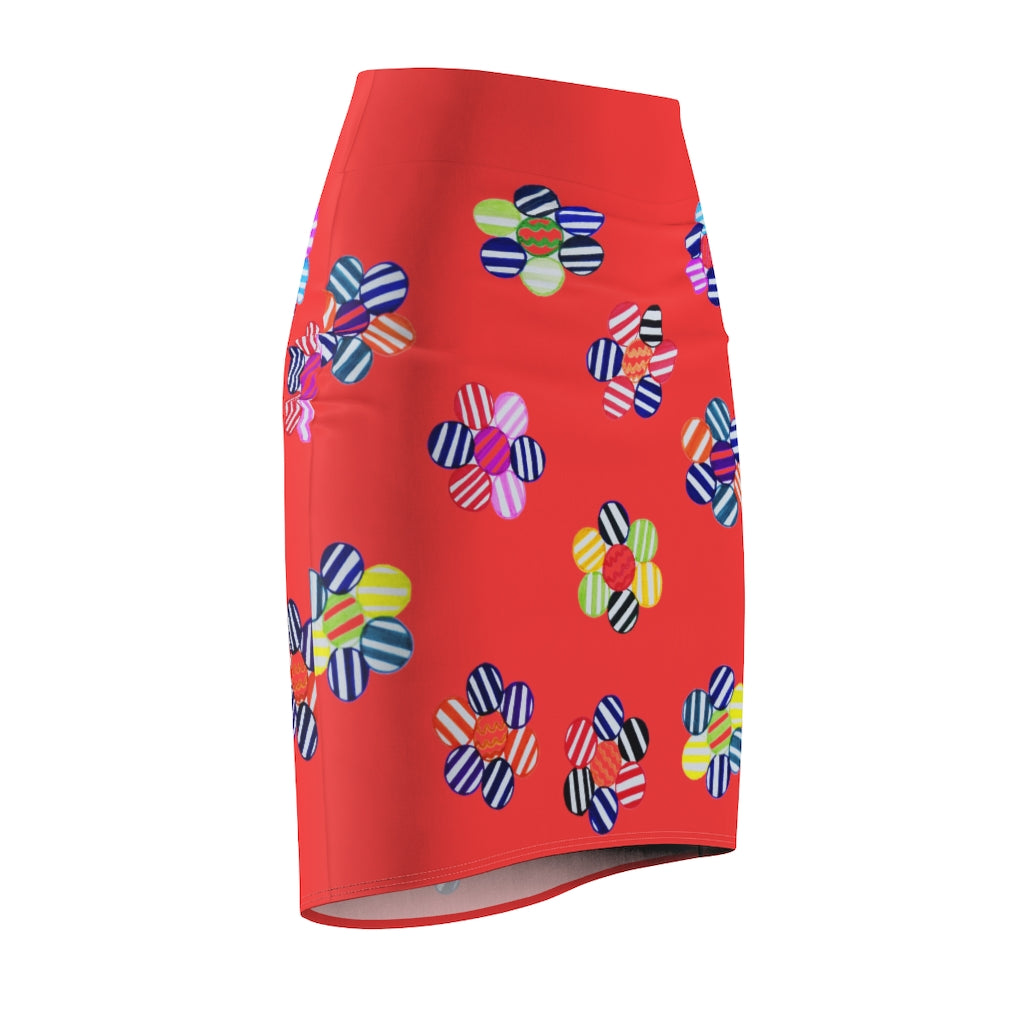 vermillion striped floral print pencil skirt