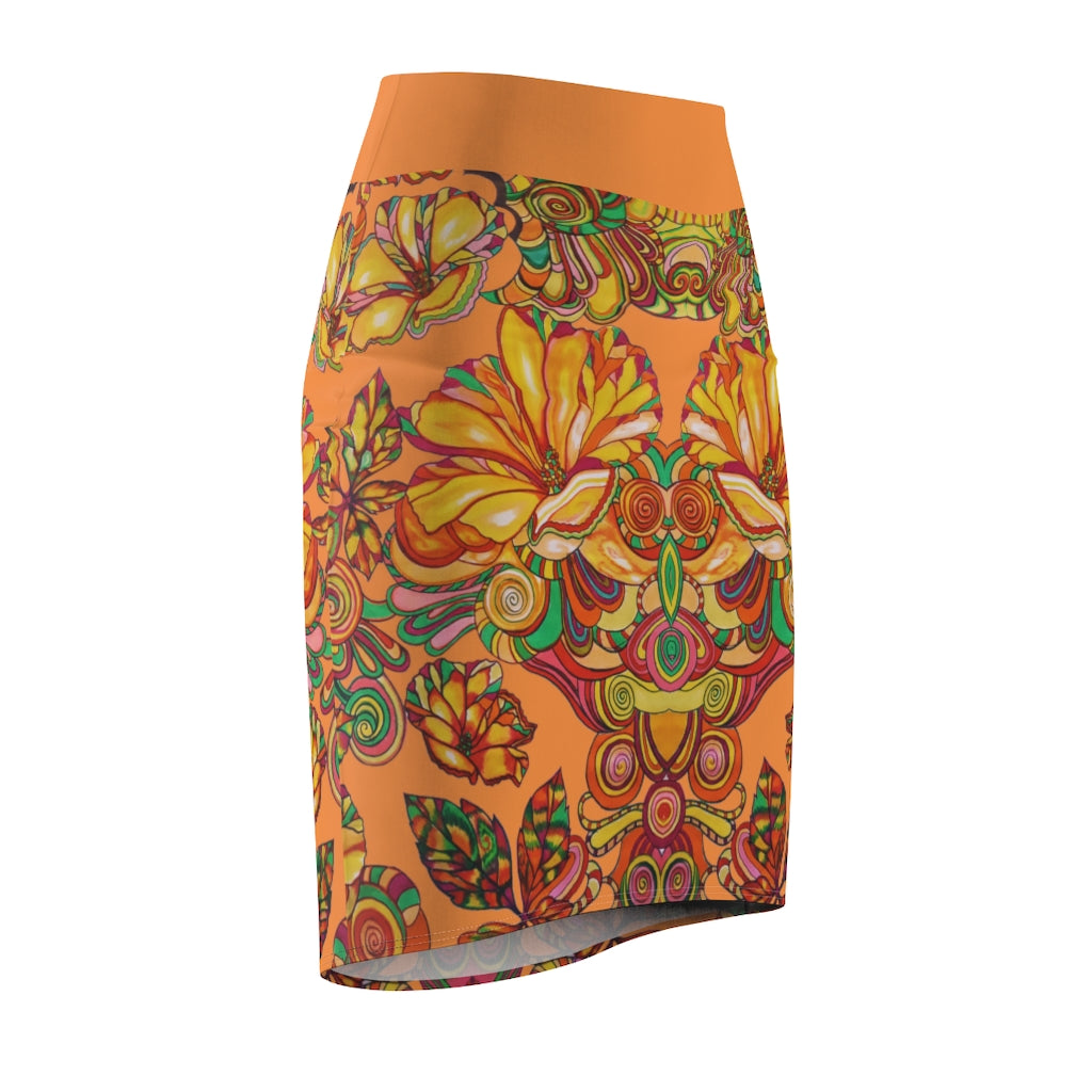 Artsy Floral Peach Pencil Skirt