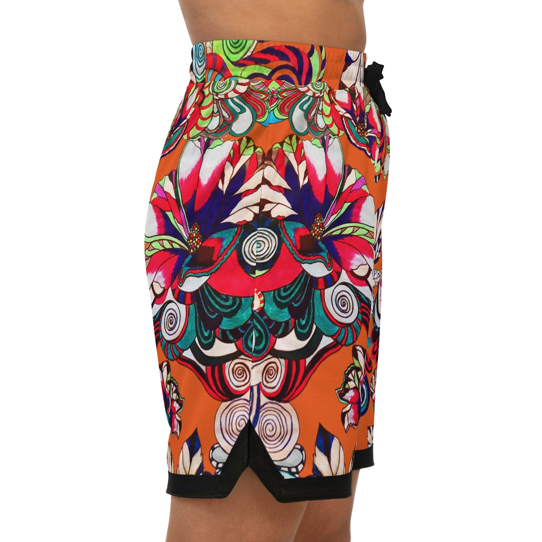 orange floral print basketball shorts for men