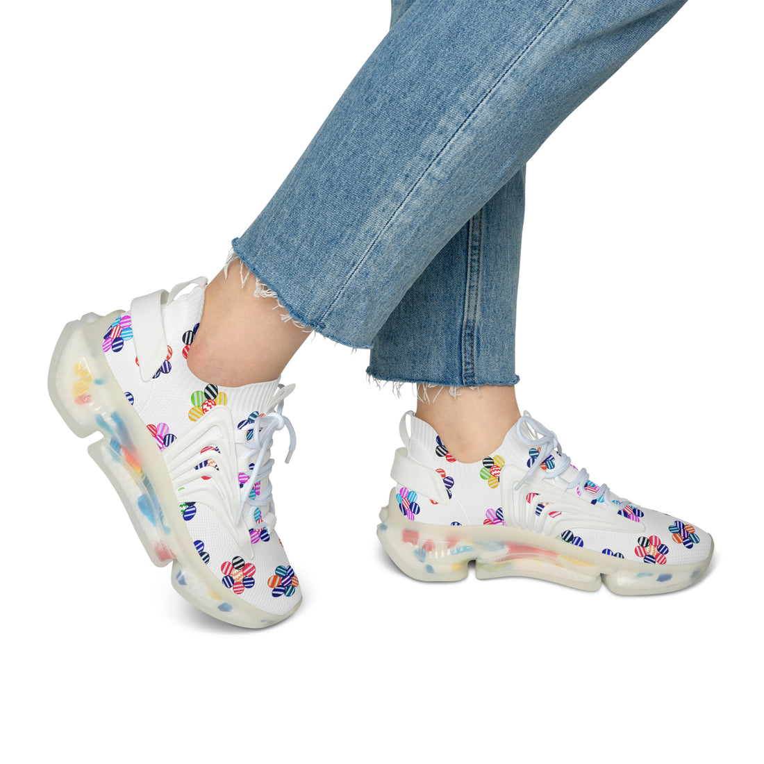 white geometric Floral Printed OTT Women's Mesh Knit Sneakers