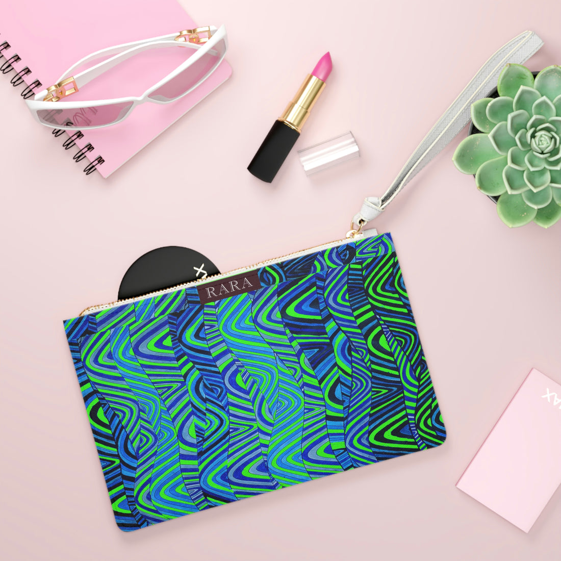 neon green sonic waves print clutch print